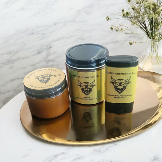 Sun Protection Trio- Tallow Sun Protection Balm 4 oz., Tallow Sun Protection Face Stick, .5 oz., and After Sun Care Tallow Balm 2 oz.