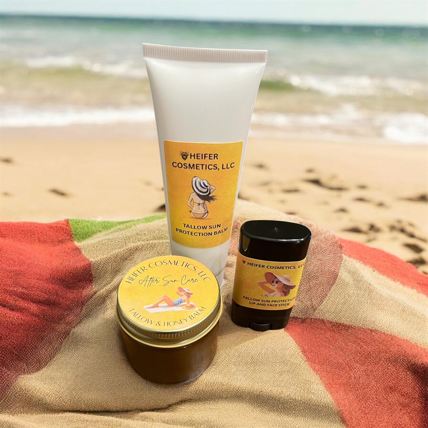 Sun Protection Trio- Tallow Sun Protection Balm 2 oz., Tallow Sun Protection Face Stick, .5 oz., and After Sun Care Tallow Balm 2 oz.