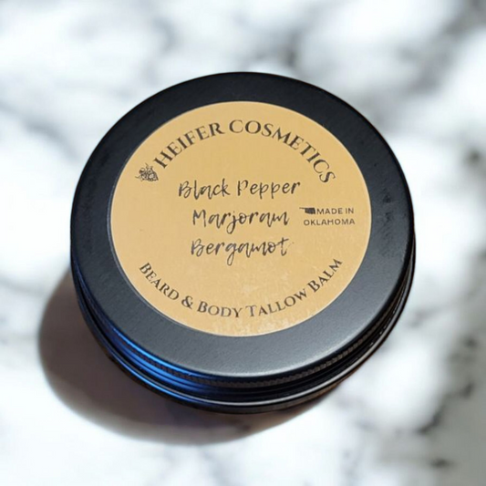 Beard and Body Tallow Balm made with Black Pepper, Marjoram, and Bergamot Essential Oils, 2 oz.