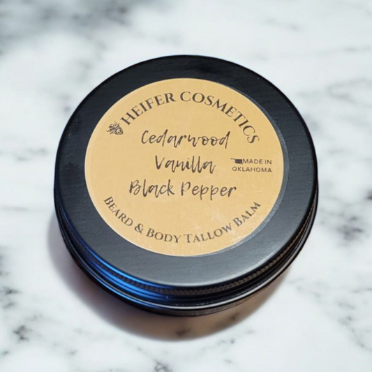 Beard and Body Tallow Balm made with Cedarwood, Black Pepper, and Vanilla Essential Oils, 2oz.
