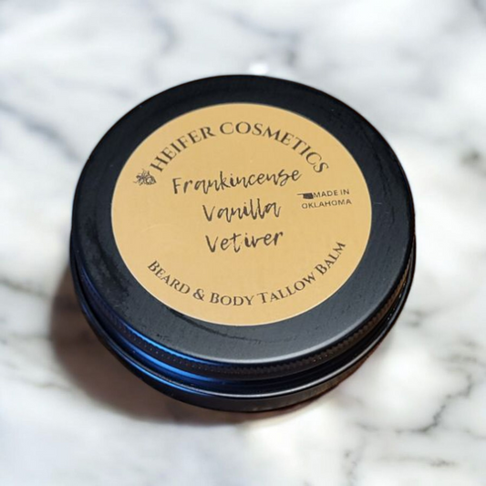 Beard and Body Tallow Balm made with Frankincense, Vanilla, and Vetiver Essential Oils, 2 oz.