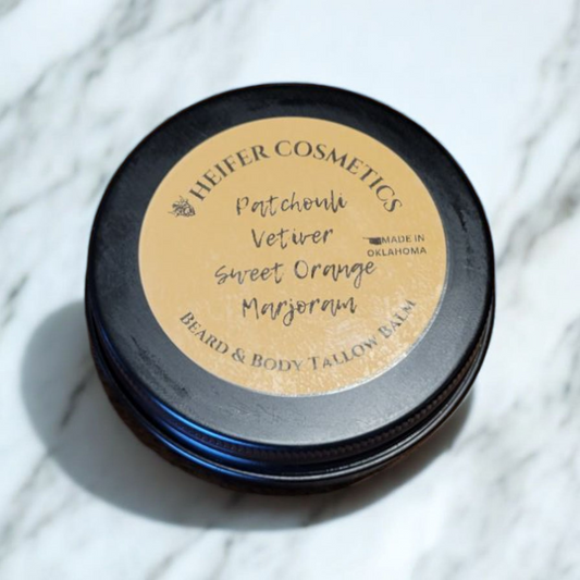 Beard and Body Tallow Balm made with Patchouli, Vetiver, Marjoram and Sweet Orange Essential Oils, 2oz.